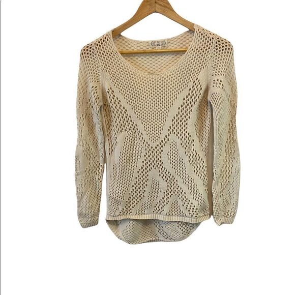 PINK ROSE Tan Crochet Scoop Neck Long Sleeve Fitted Sweater Junior Fit M - Picture 1 of 7